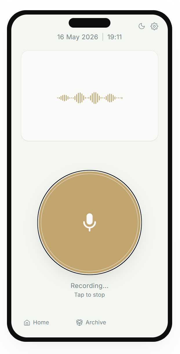 The Dream Tracer recording screen with a large ochre microphone button and an audio waveform.