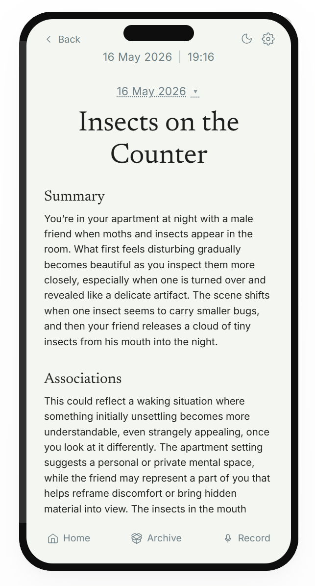 A dream entry titled “Insects on the Counter” with Summary and Associations sections.