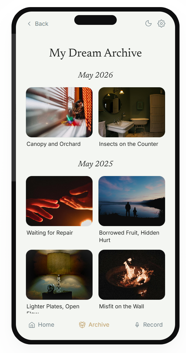 The Dream Archive, a grid of past dream thumbnails organised by month.