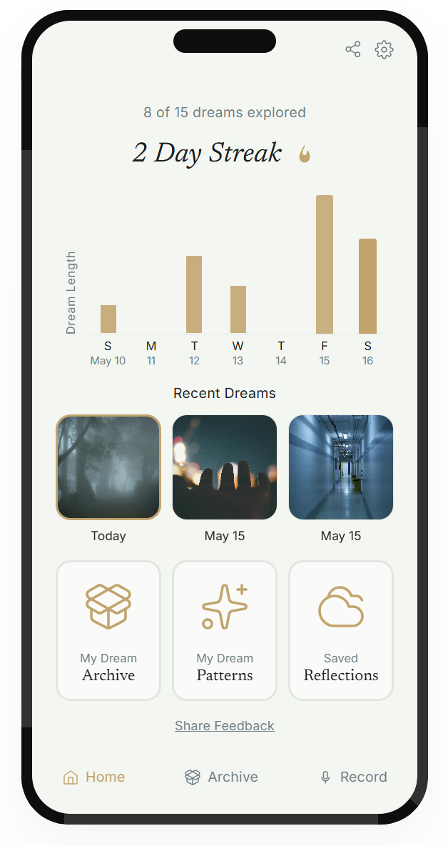 A weekly dream-length chart, a streak counter, and recent dream thumbnails.